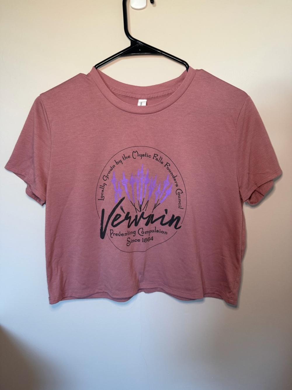Vampire Diaries Dusty Rose Crop Tee with Lavender Graphic